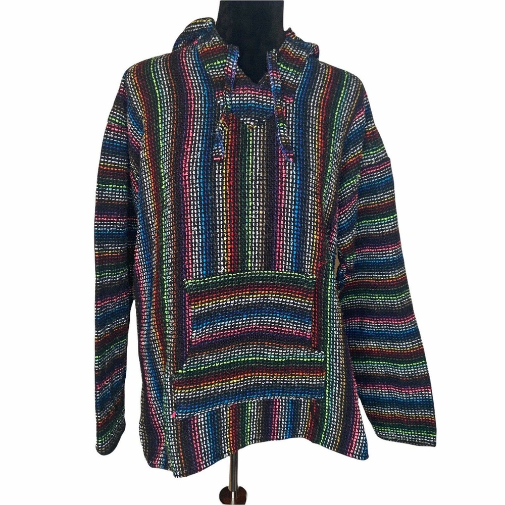 La Malinche Black/Rainbow Stripe Baja Poncho L